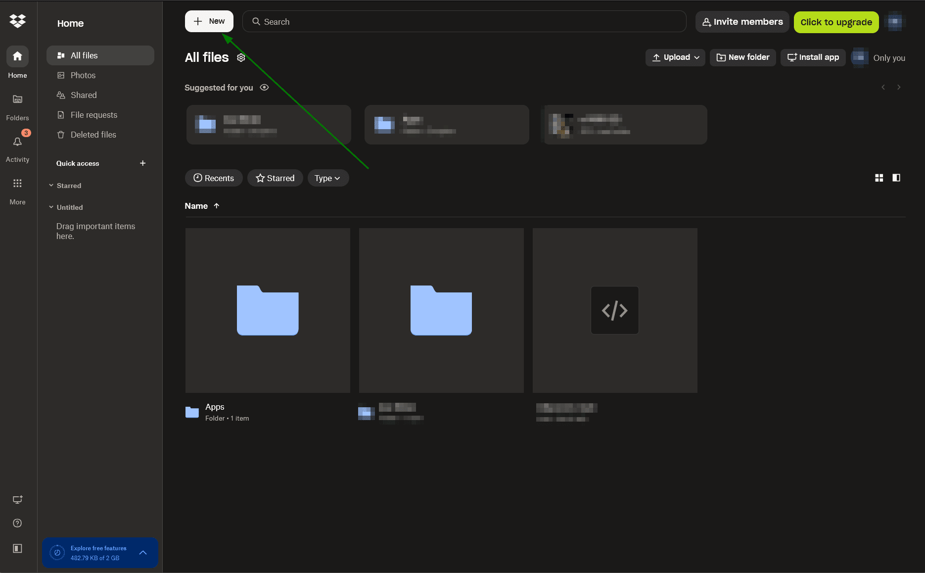 Step 1 - Open Dropbox and click the + New button