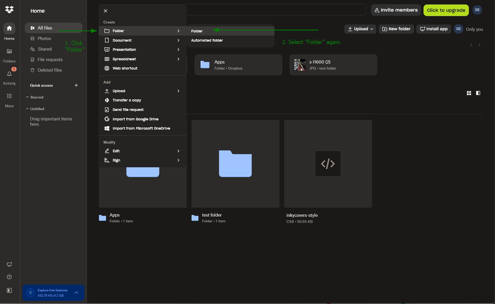 Step 2 - Click Folder from the dropdown