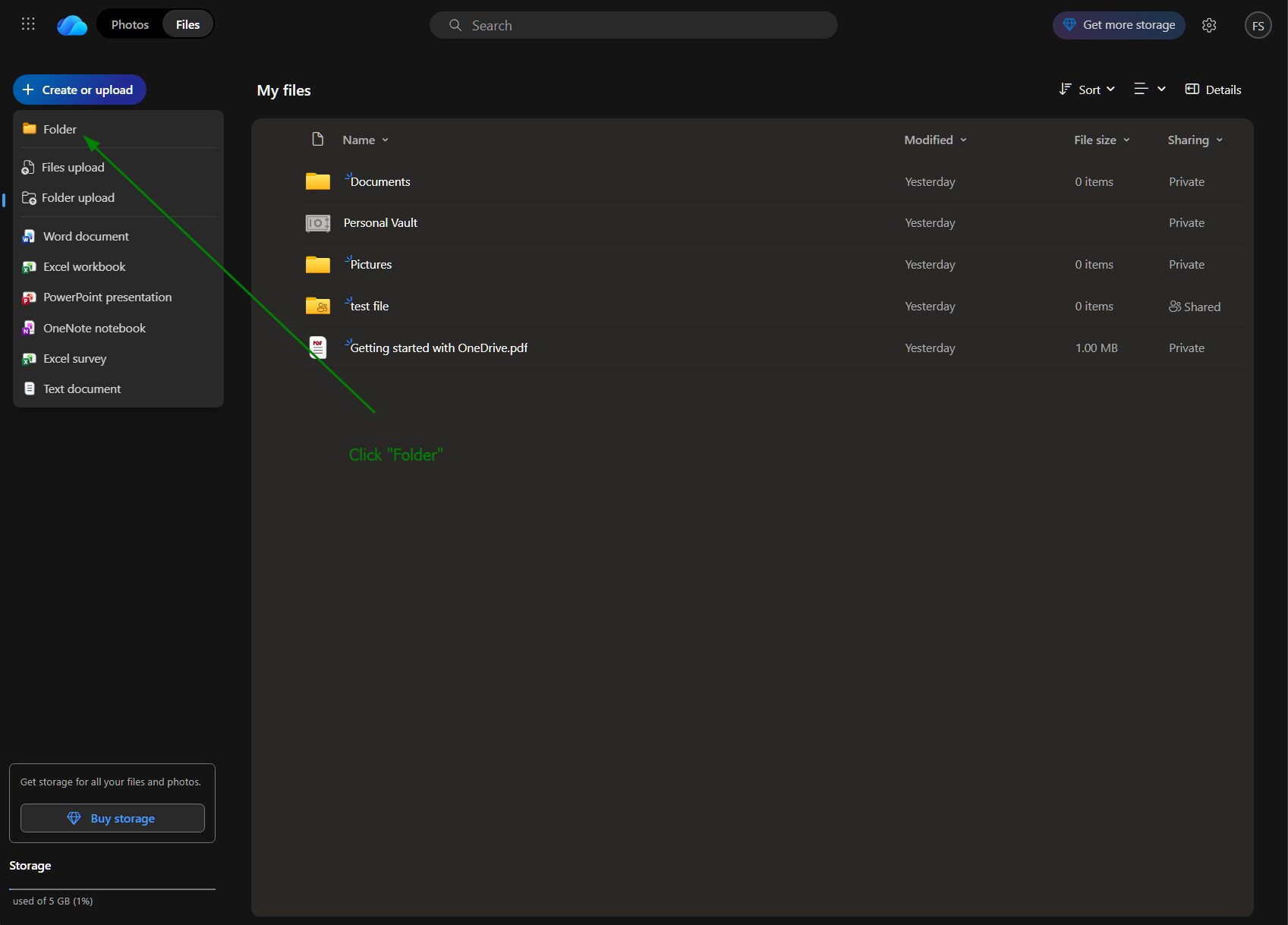Step 2 - Click Create or upload and select Folder