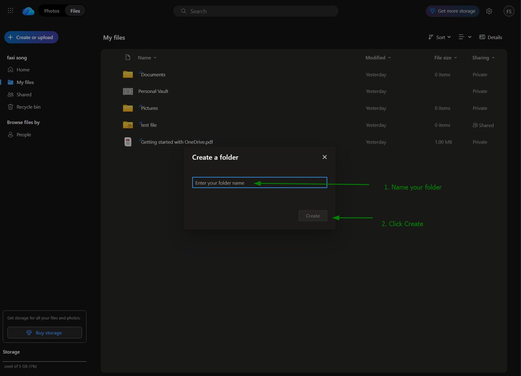 Step 3 - Enter a folder name and click Create