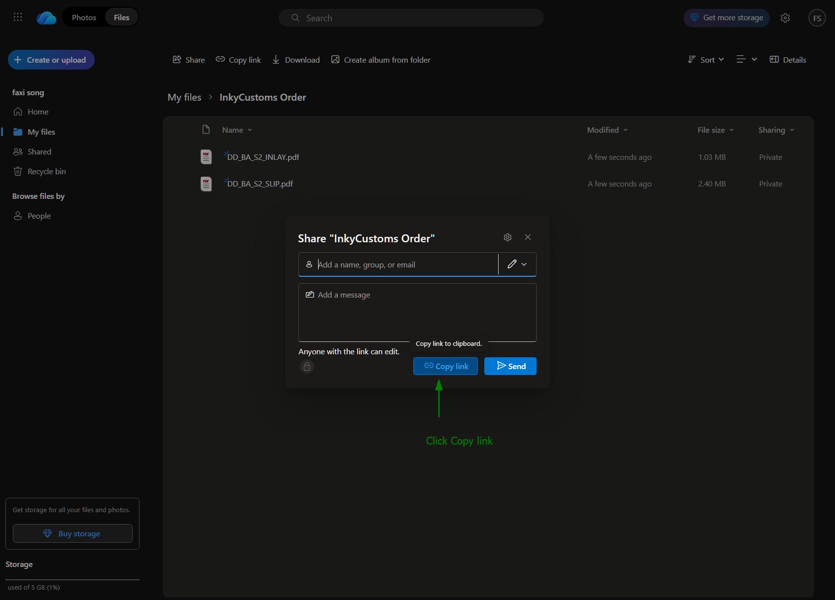 Step 7 - Click Copy link in the share dialog