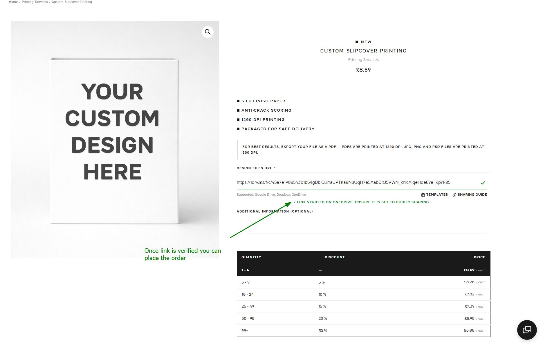 Step 9 - Link Verified on OneDrive, select quantity and place order